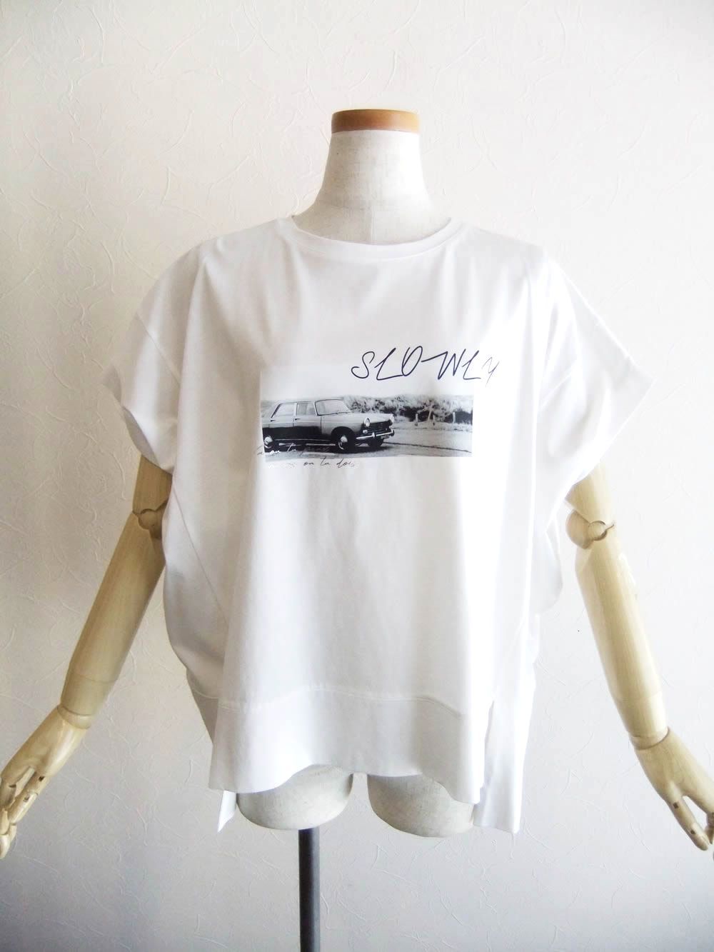 フォトプリント フロントスリット コクーン Tシャツ  (ホワイト)  626939