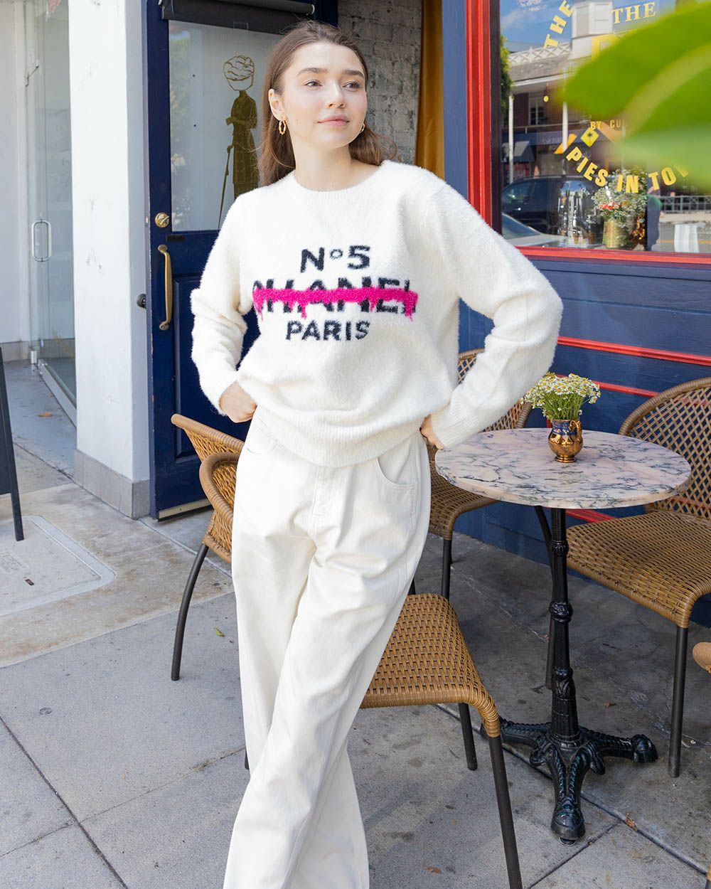 【MICALLE MICALLE Account】 HOMMAGE  No5 SHAGGY KNIT (ホワイト)   ロゴ ニット  MAG110NDC