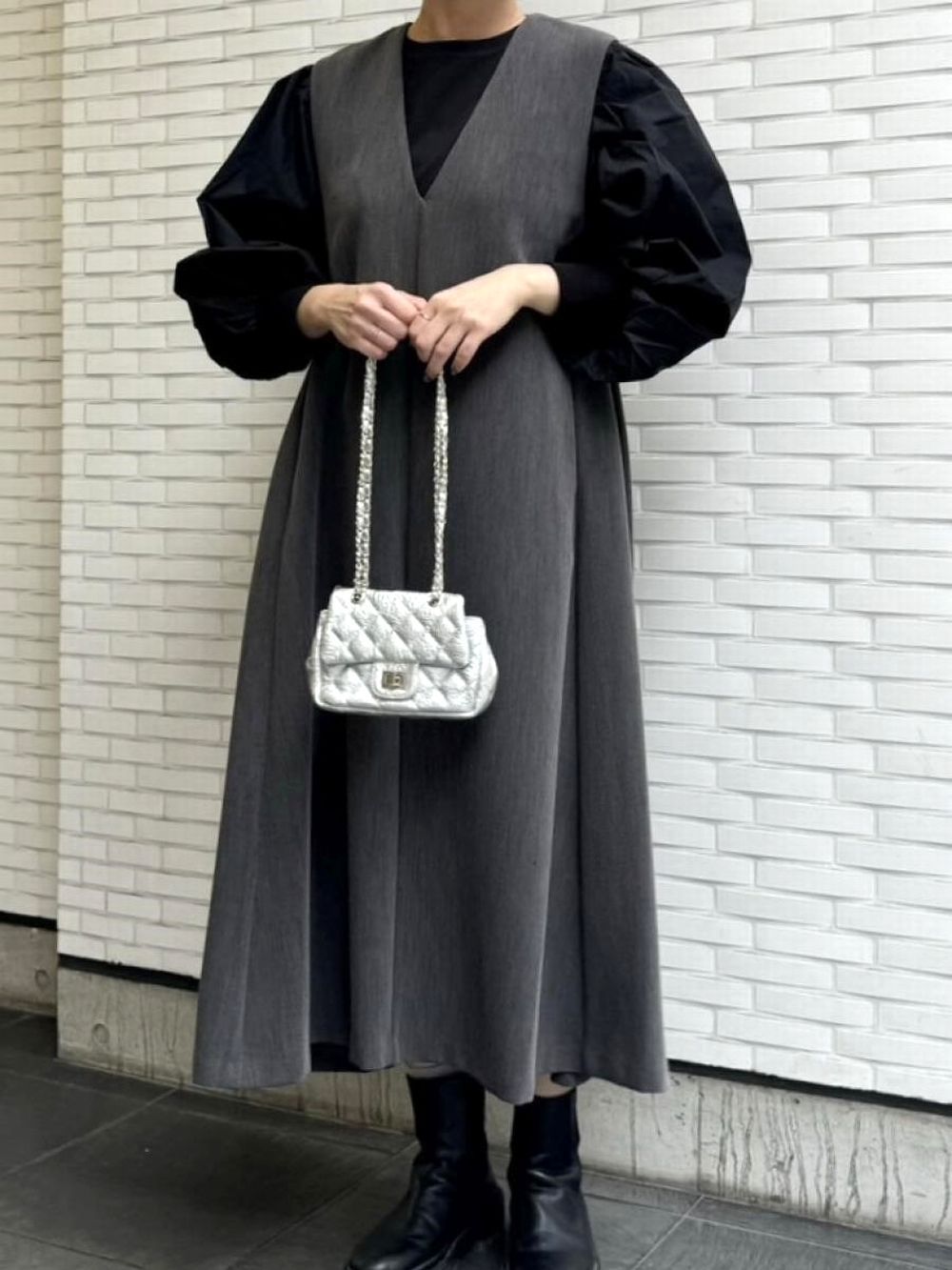 anana◆長袖カットソー/FREE/コットン/BLK/無地/a15-023// anana - カットソー×布帛 セットイン ボリューム袖 PO