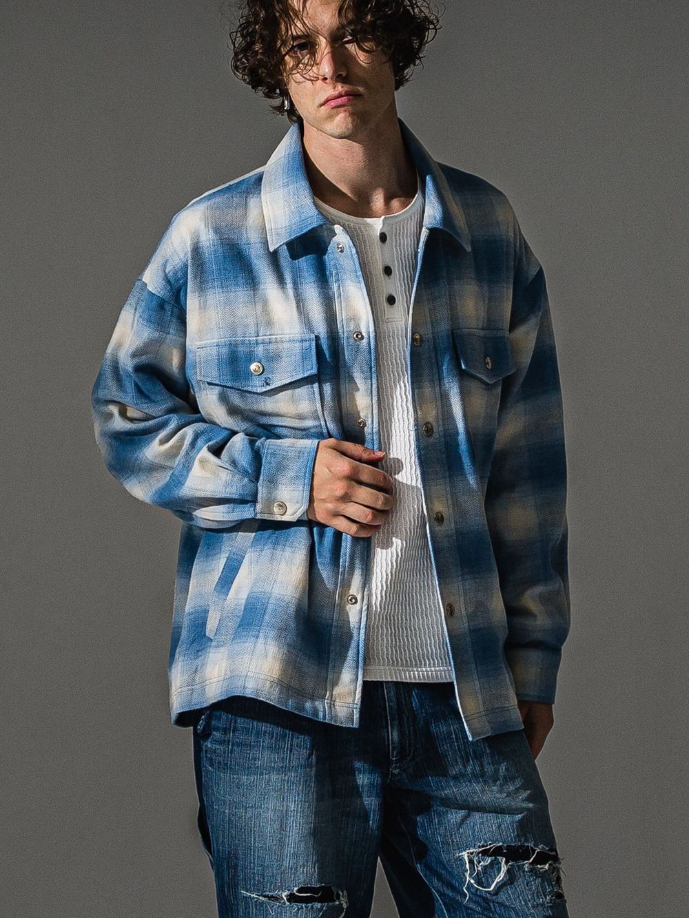 FLANNEL CHECK JK   オンブレチェックヘリンボーンネルジャケット （ブルー）