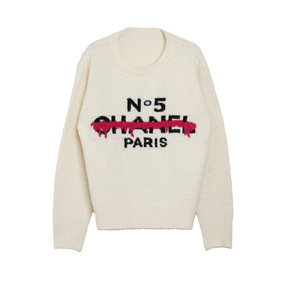 【MICALLE MICALLE Account】 HOMMAGE  No5 SHAGGY KNIT (ホワイト)   ロゴ ニット  MAG110NDC