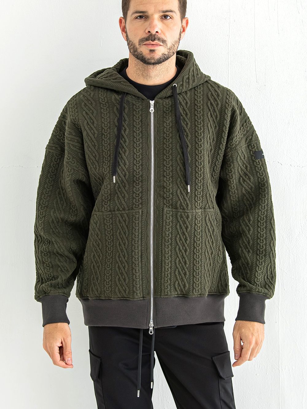 ROPE zip loose hoodie  (カーキ)  縄編みキルティングジップアップパーカー