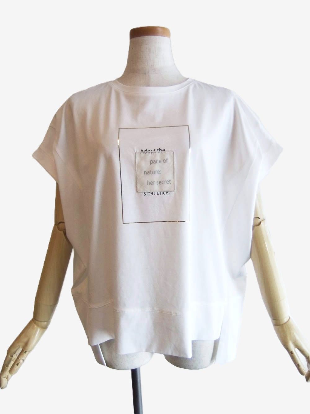 スクエア 箔プリント フロントスリット コクーン Tシャツ  (ホワイト)  626938