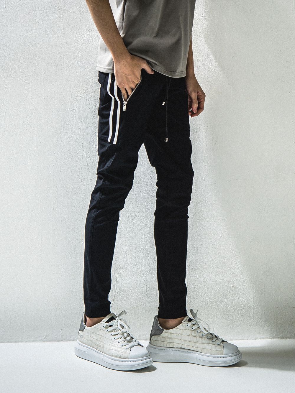 Johnson LINE NYLON PANTS ジョンソン ライン ナイロン パンツ (ブラック×ホワイト)