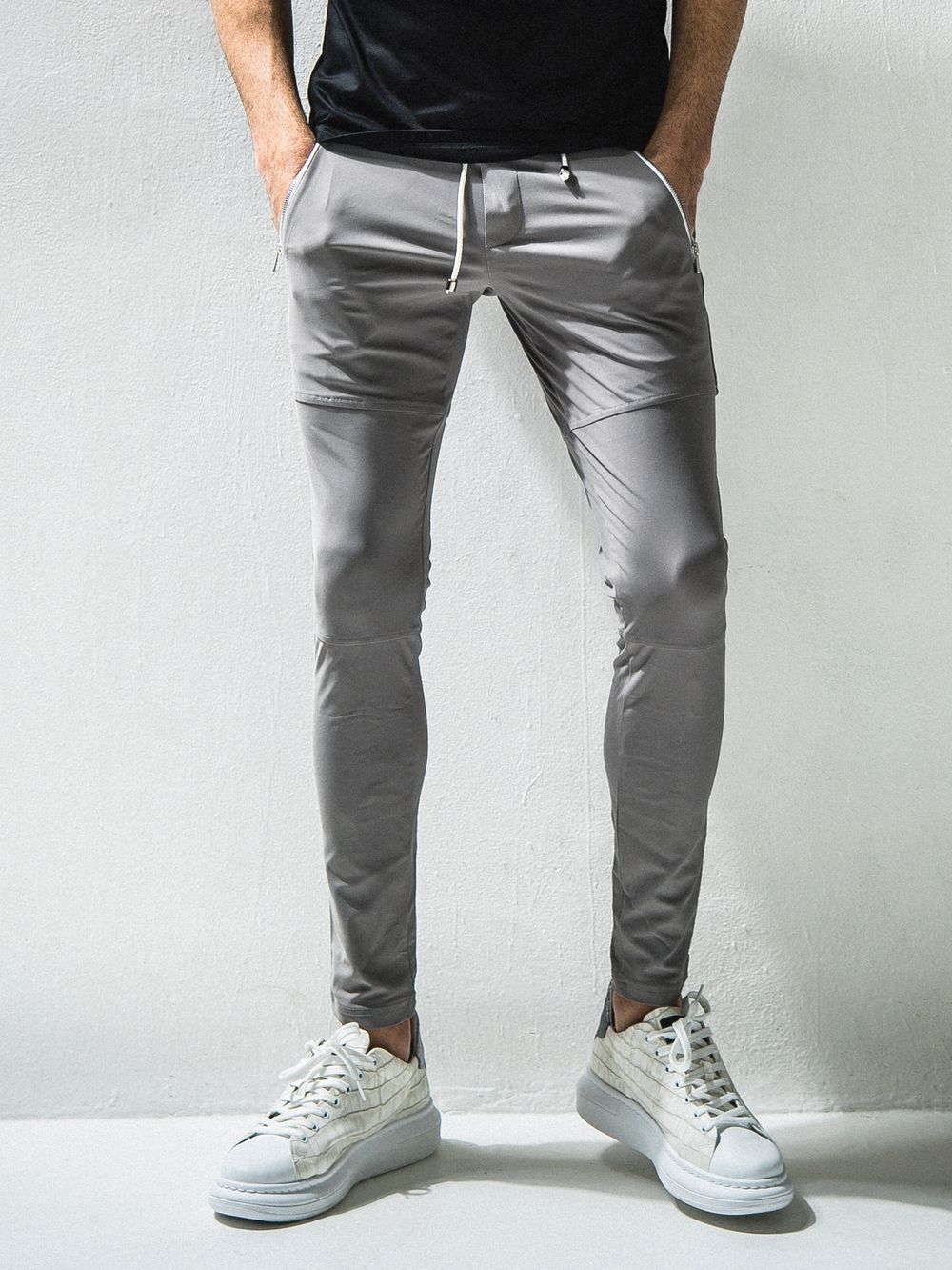 Johnson LINE NYLON PANTS ジョンソン ライン ナイロン パンツ (グレー×シルバー)