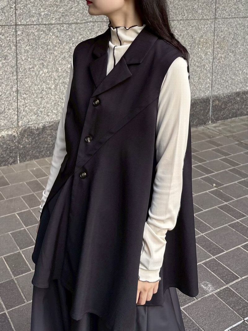 配色メロー モックネック 燕尾風 長袖 Tシャツ   （ブラック）  MMF117TEC