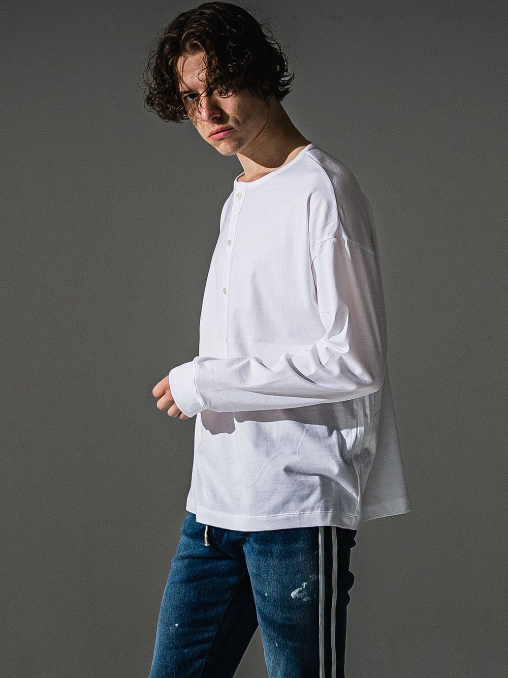 RIB HENRY LONGSLEAVE (ホワイト)  ヘンリーネック長袖Tシャツ