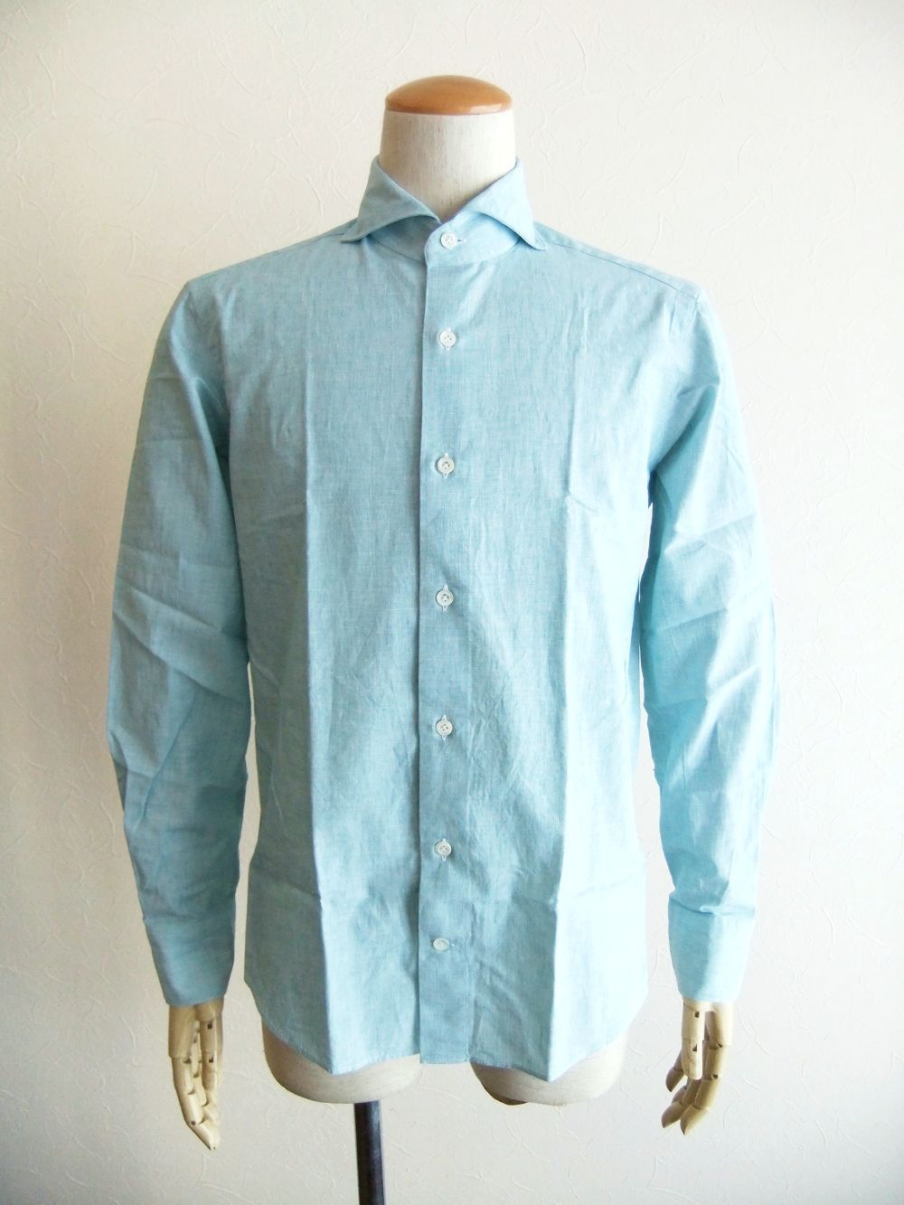 日本製造Gianetto リネン シャツ　ブルー×ベージュ シャツ