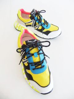 〈LADIES〉 CLUB100  VITELLO/NYLON  ナイロン×レザー ローカットスニーカー (イエロー×ブルー)   1N17