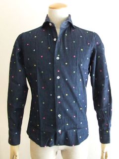 ウォッシャブル INDIGO フラワー刺繡シャツ    385300V84