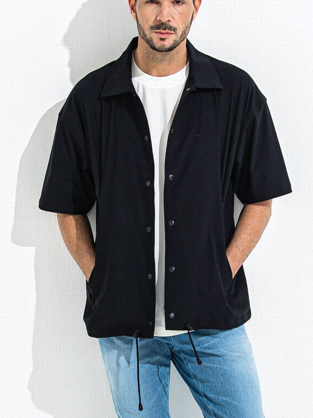 NYLON HALF COACH JACKET  ハーフスリーブ コーチジャケット  (ブラック)