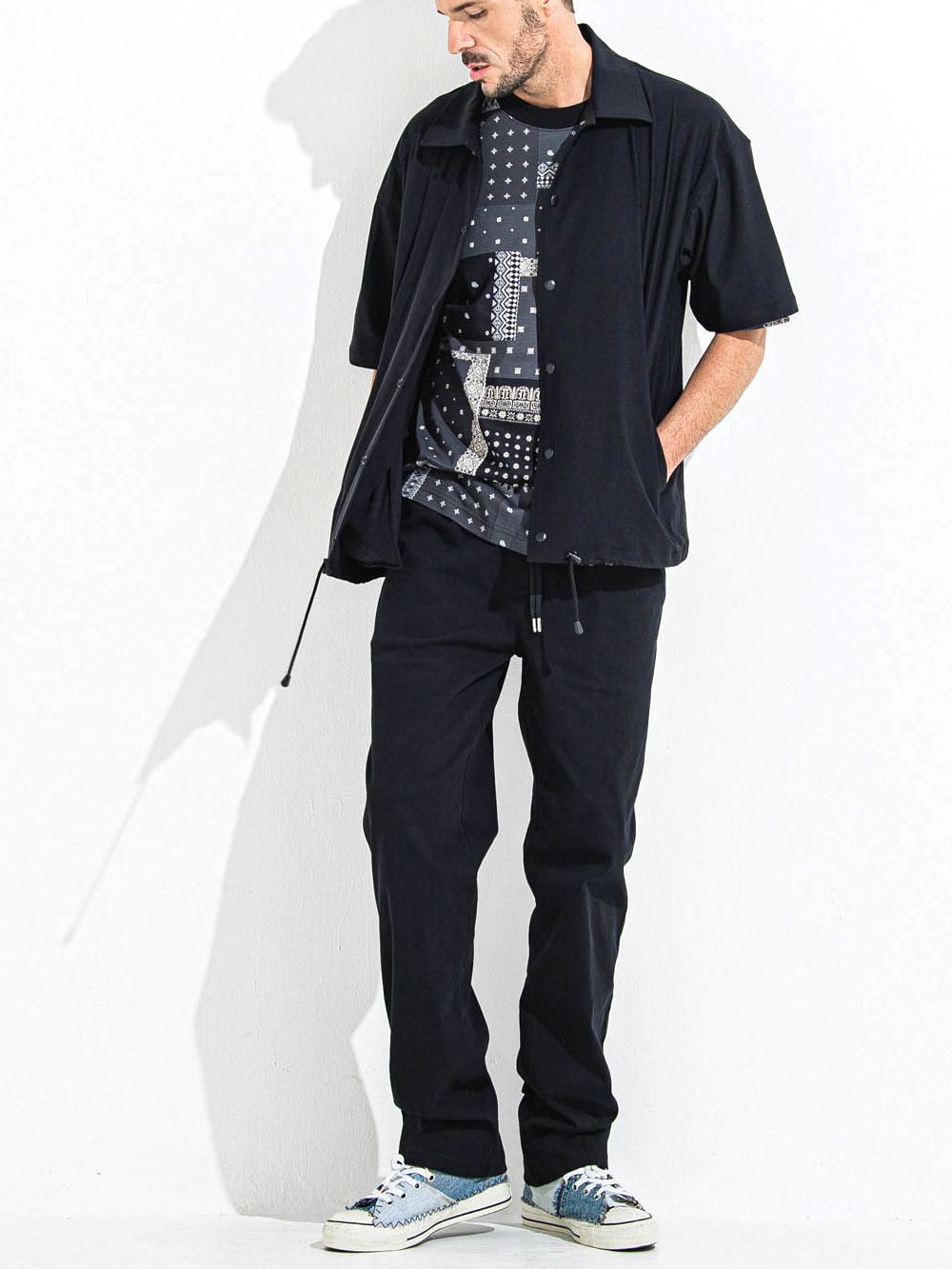 NYLON HALF COACH JACKET  ハーフスリーブ コーチジャケット  (ブラック)