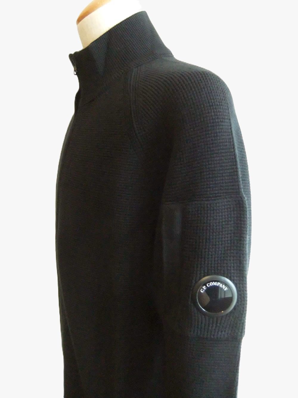 WAFFLE KNIT COTTON ZIP LENS CARDIGAN   (ブラック)   ジップ ニット ジャケット