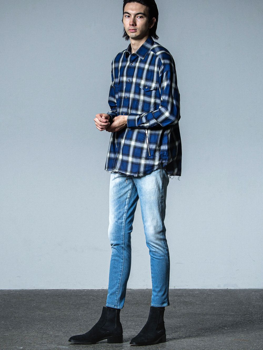 OVER GOWN CHECK SHIRTS （ブルー）  オ－バーサイズ チェックシャツ