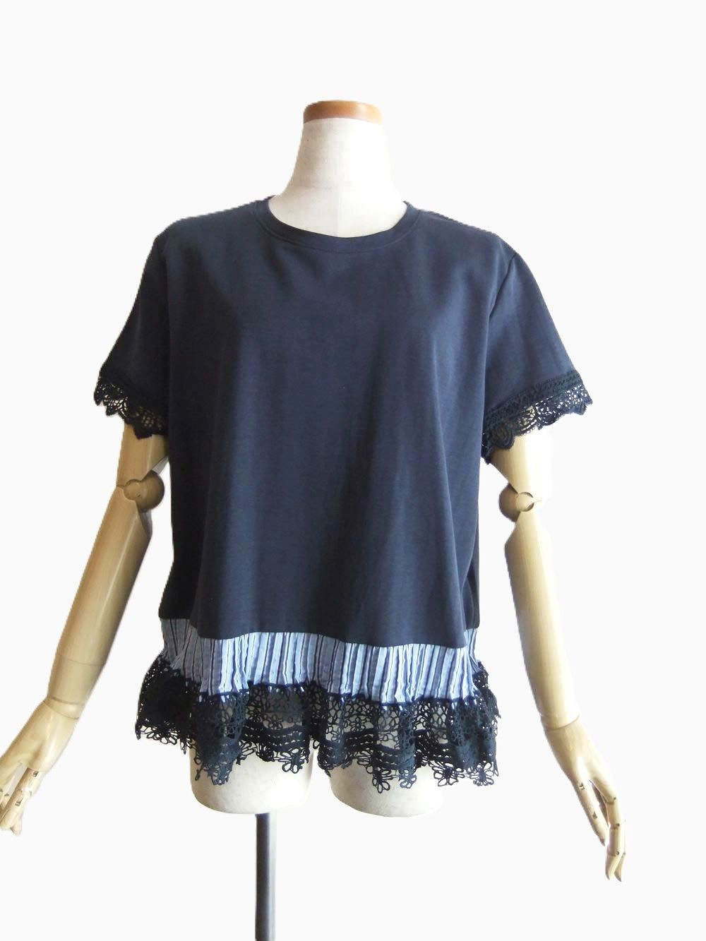 フラワーモチーフ レース付き 切替え Tシャツ    MME126TEB