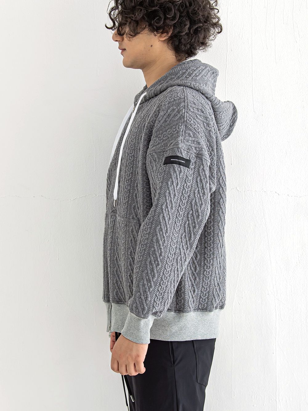 ROPE zip loose hoodie  (グレー)  縄編みキルティングジップアップパーカー