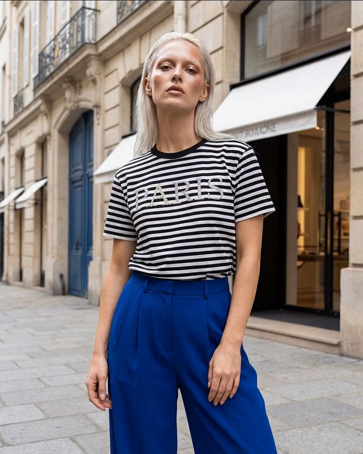 【MICALLE MICALLE Account】 PARIS PEARL BORDER T-SHIRT  (ブラック×ホワイト)  パール付き ボーダー T-SHIRT   MAA104TEA