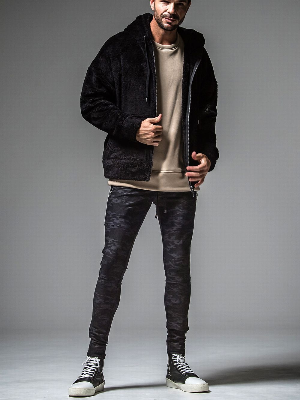 BOA ZIP LOOSE HOODIE WEST  (ブラック)  ジップアップボアパーカー