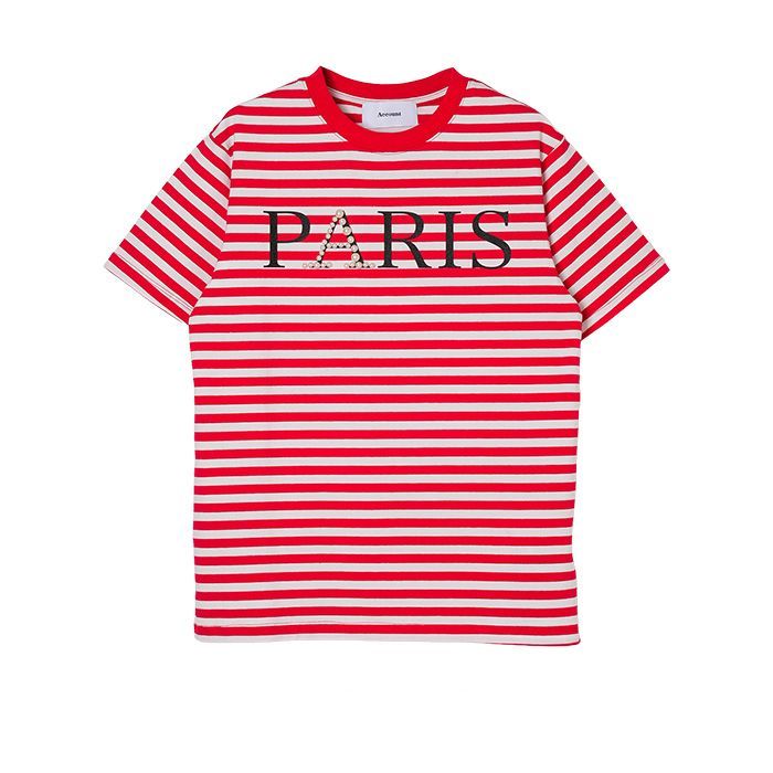 【MICALLE MICALLE Account】 PARIS PEARL BORDER T-SHIRT  (レッド×ホワイト)  パール付き ボーダー T-SHIRT   MAA104TEA