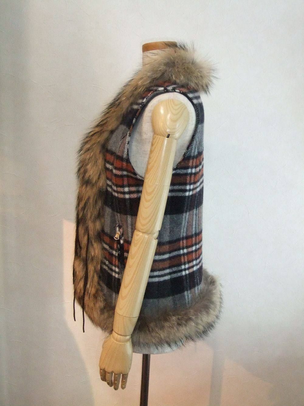WOOL CHECK + FUR VEST