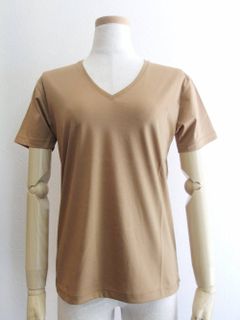 半袖 Vネック コットン Tシャツ (キャメル)