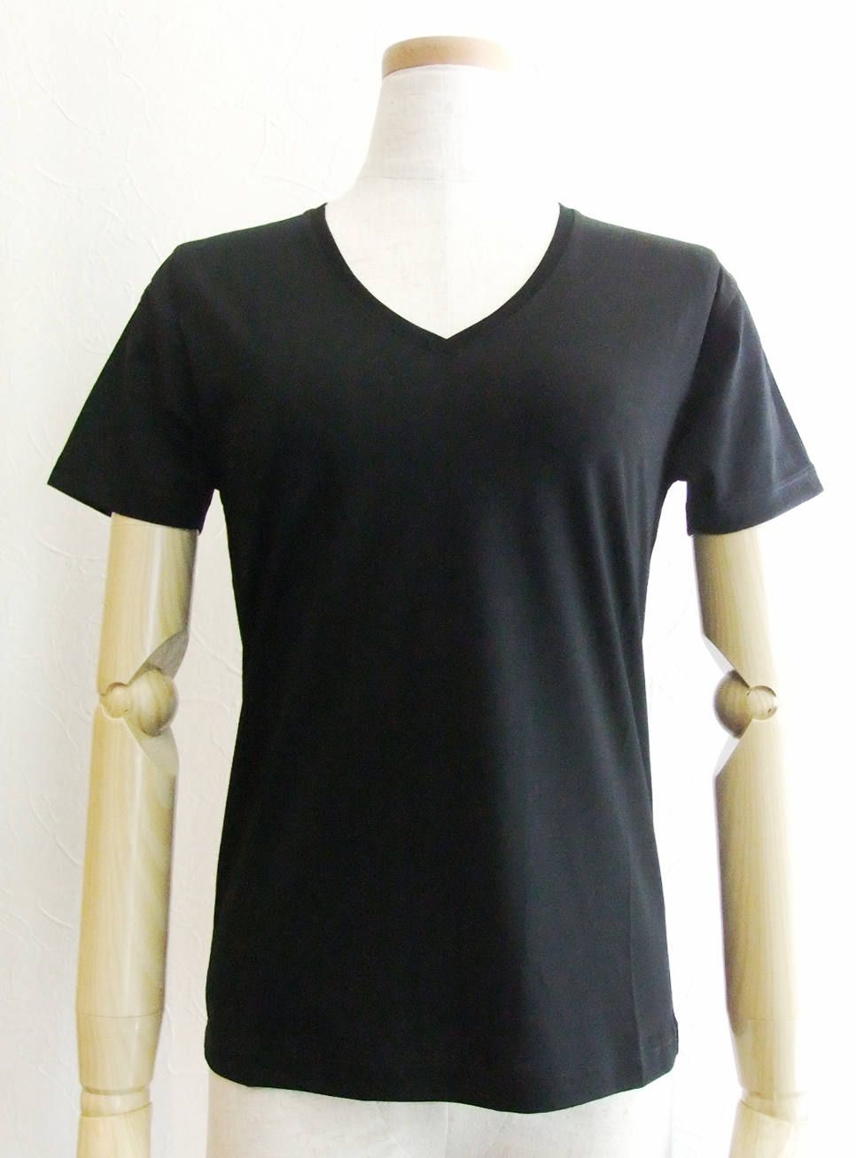 半袖 Vネック コットン Tシャツ (ブラック)