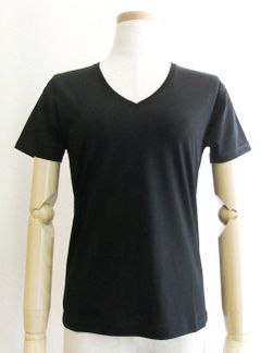 半袖 Vネック コットン Tシャツ (ブラック)