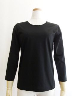 7分袖 クルーネック コットン Tシャツ (ブラック)