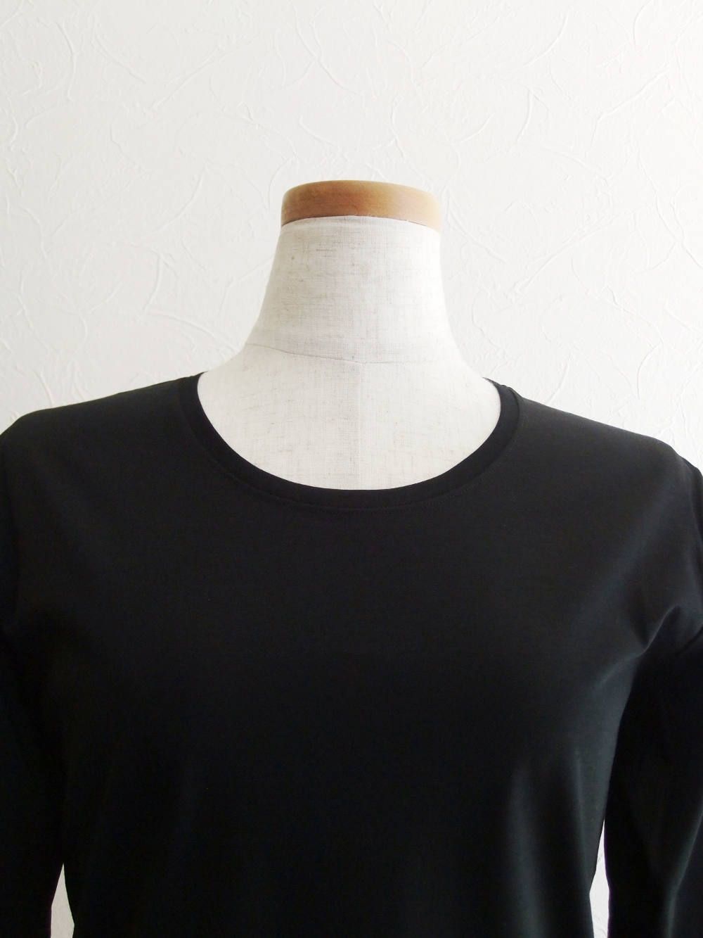 7分袖 クルーネック コットン Tシャツ (ブラック)