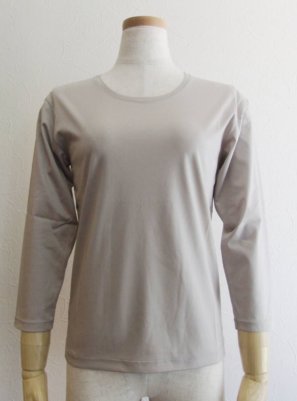 7分袖 コットン クルーネック Tシャツ (グレージュ)