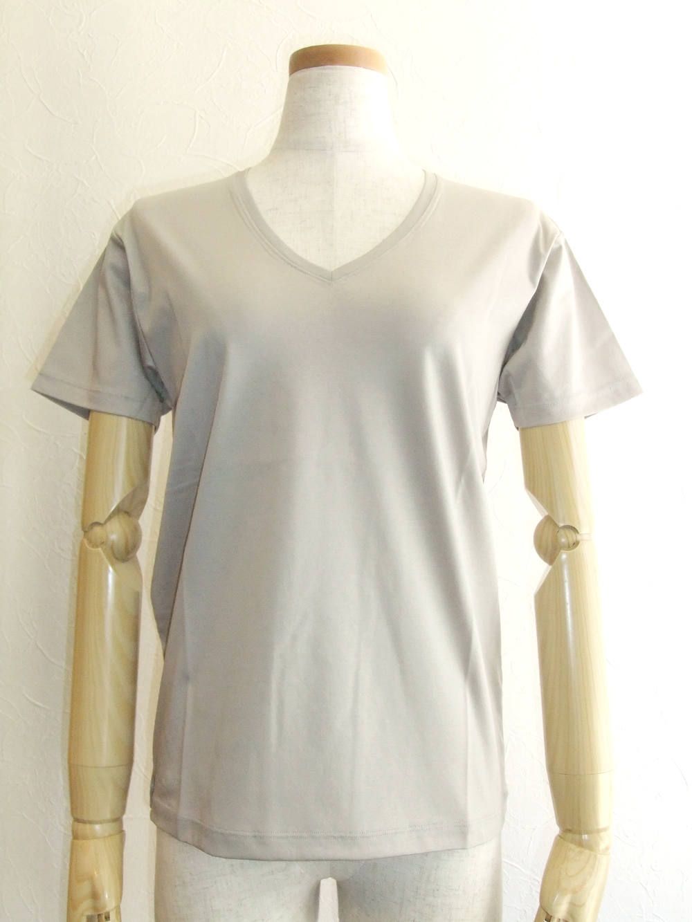 半袖 Vネック コットン Tシャツ (グレージュ)
