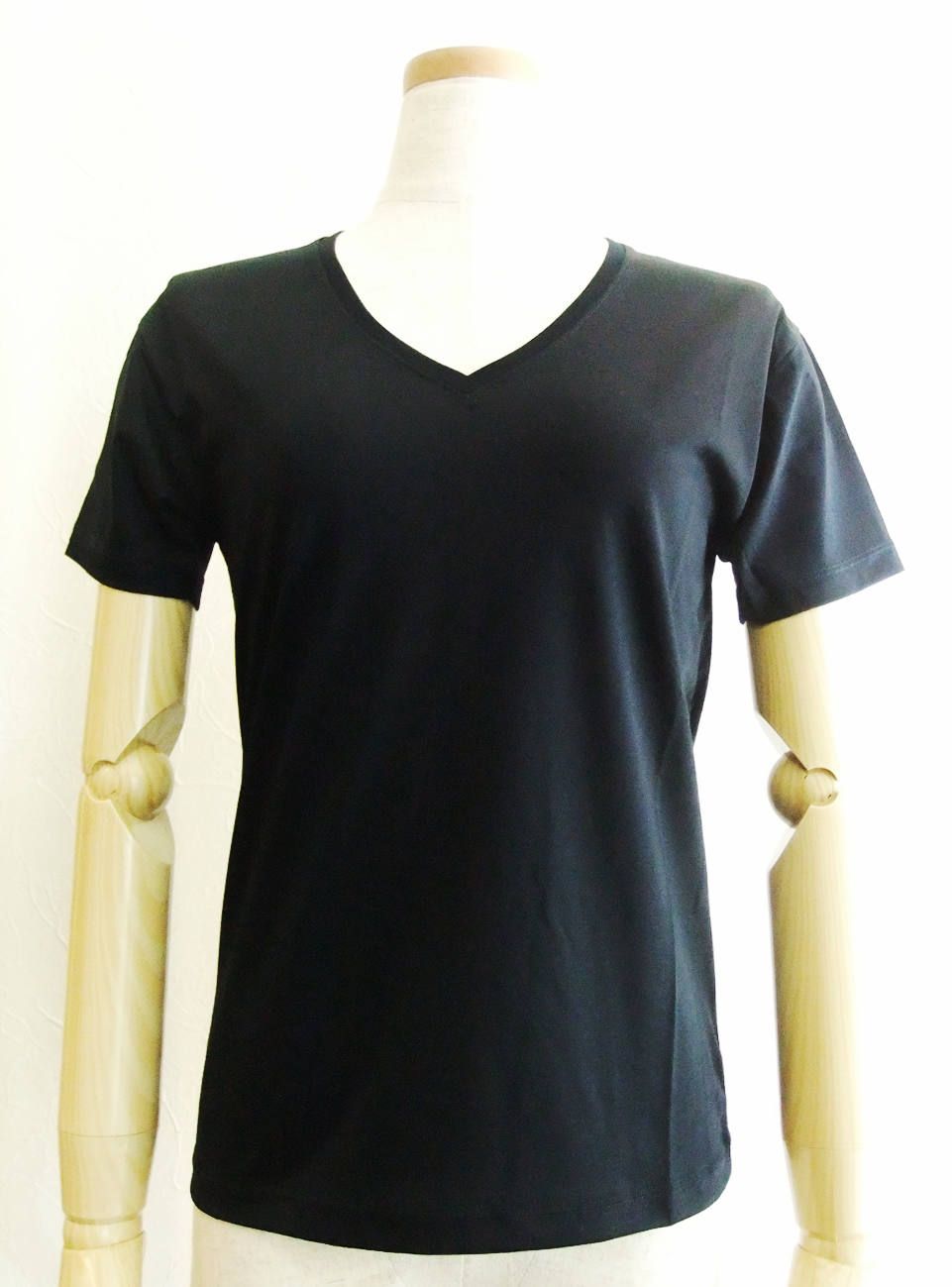 半袖 Vネック コットン Tシャツ (ネイビー)