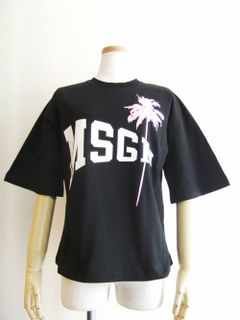 《LADIES》 ロゴプリント + ヤシの木プリント コットン Tシャツ (ブラック)  MDM164-195298