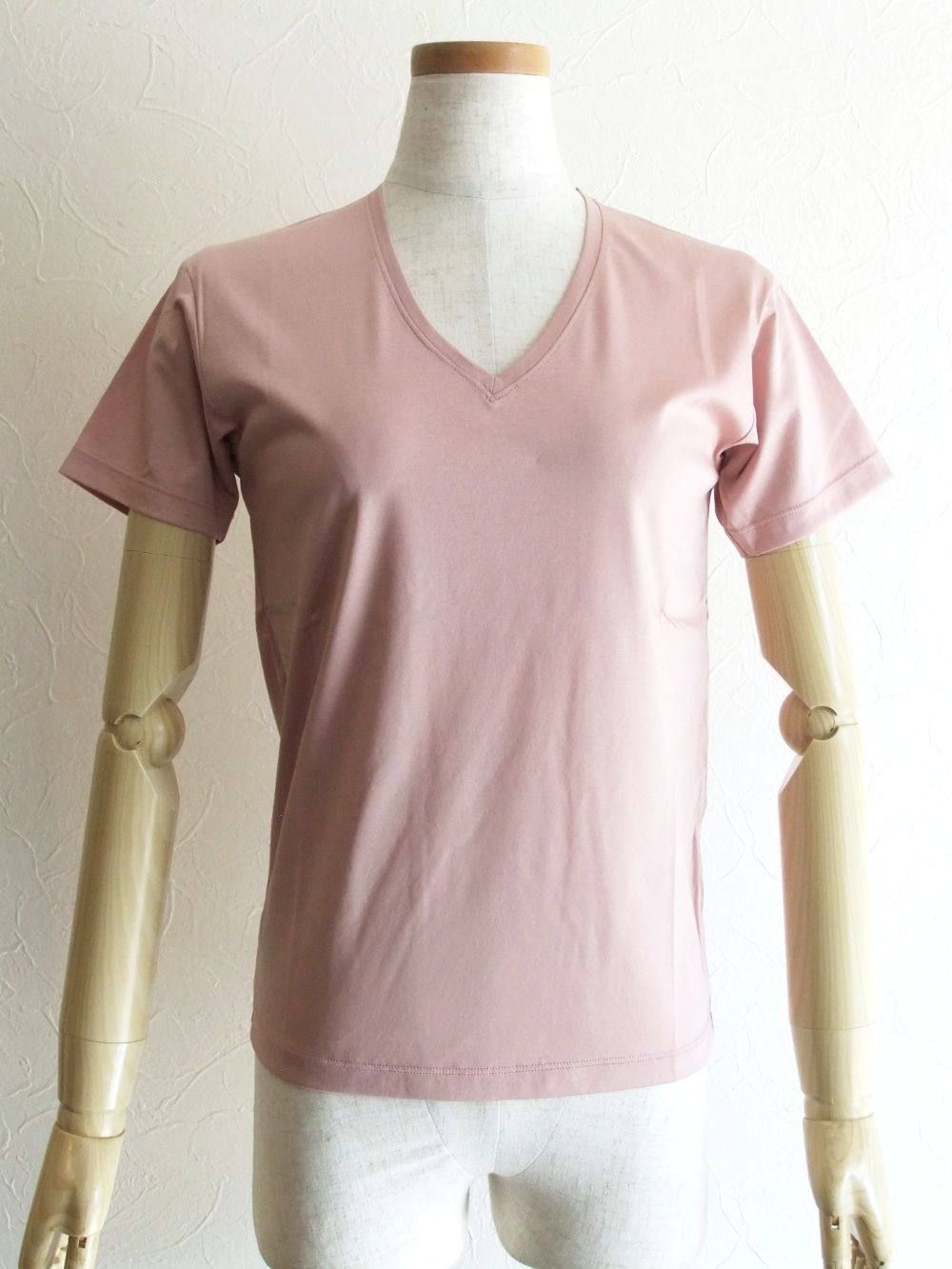 半袖 Vネック コットン Tシャツ (モスピンク)