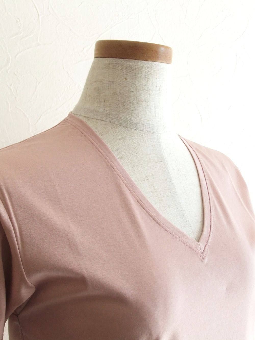 半袖 Vネック コットン Tシャツ (モスピンク)