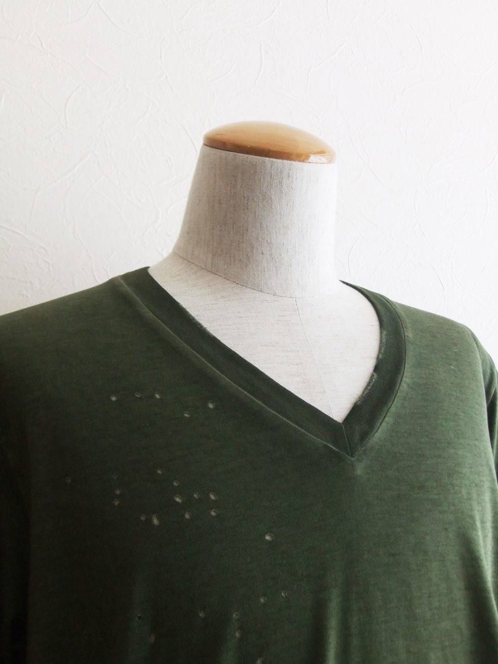 BACK ロゴプリント V-NECK T-SHIRT (KHAKI)  Best Fade Slouch Fit  S74GD0539