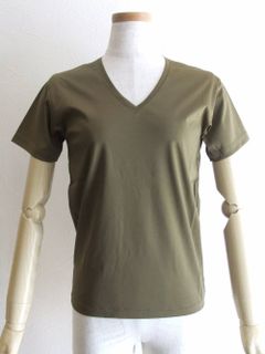 半袖 Vネック コットン Tシャツ (オリーブグリーン)