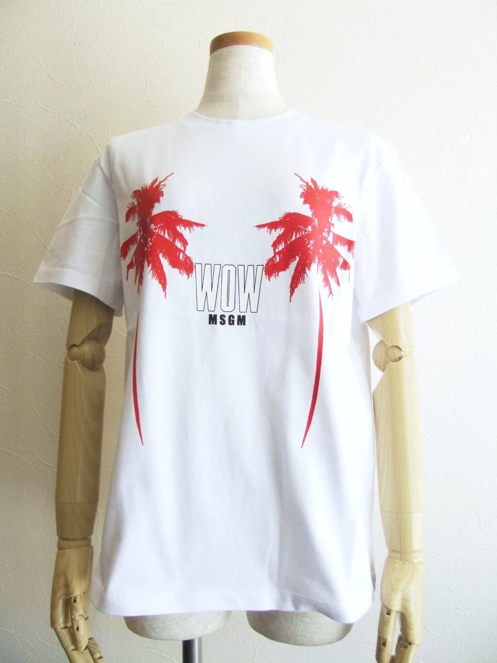 《LADIES》 WOW + ヤシの木プリント コットン Tシャツ (ホワイト)  MDM166-195296