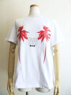 《LADIES》 WOW + ヤシの木プリント コットン Tシャツ (ホワイト)  MDM166-195296