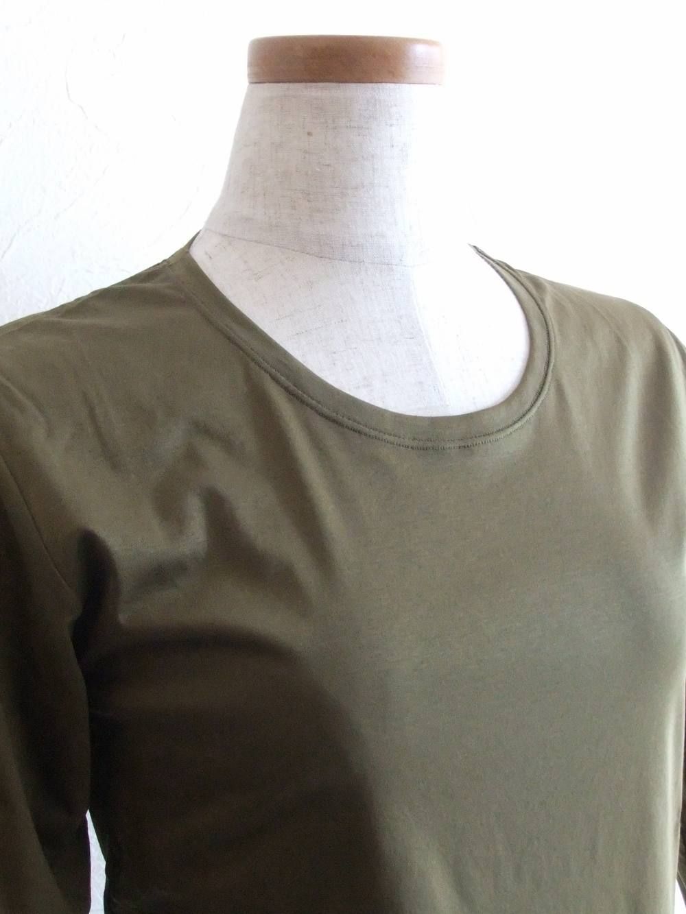 7分袖 クルーネック コットン Tシャツ (オリーブグリーン)