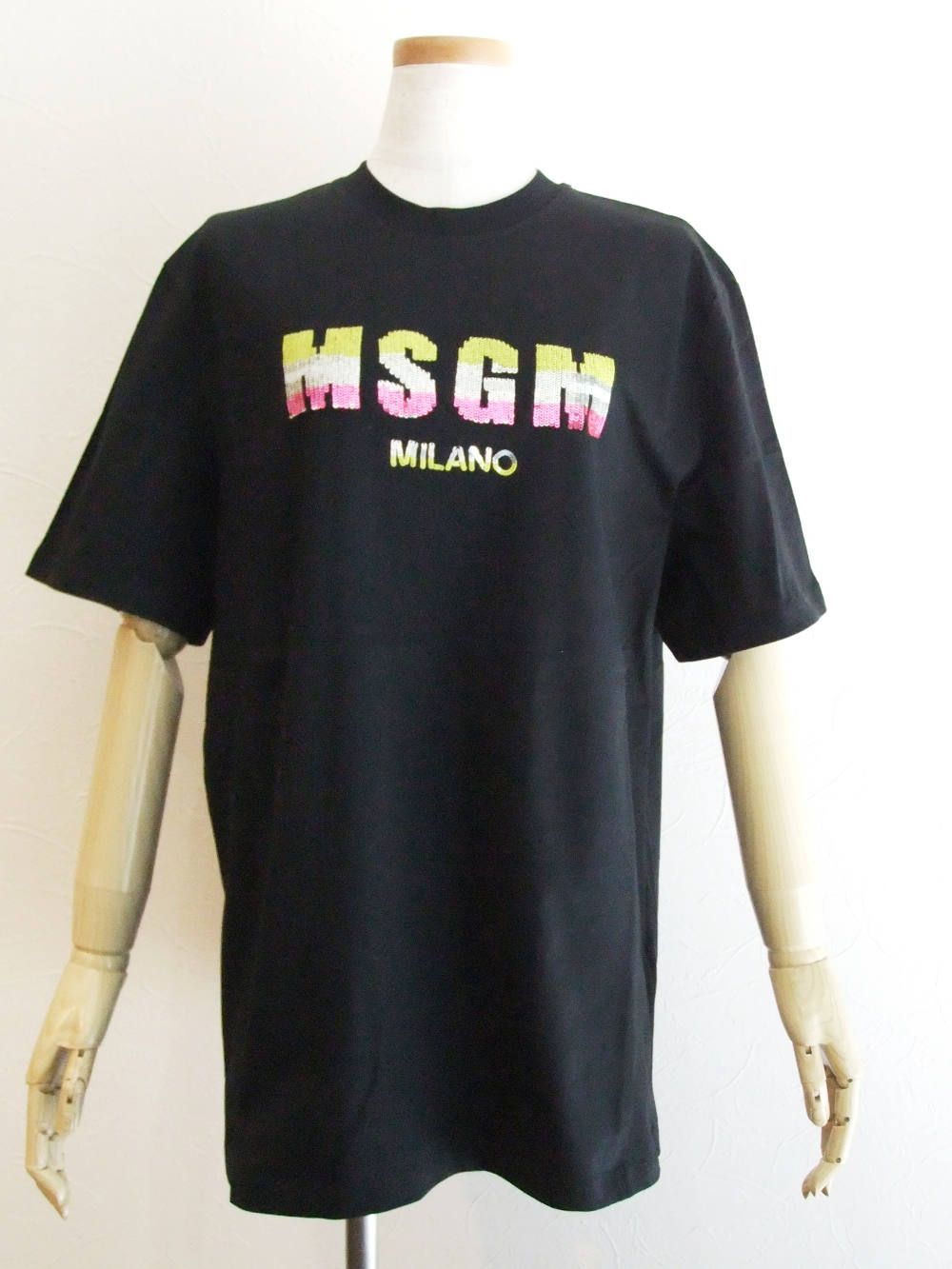 MSGM - 《LADIES》 スパンコール ロゴ刺繍 コットン Tシャツ (ブラック