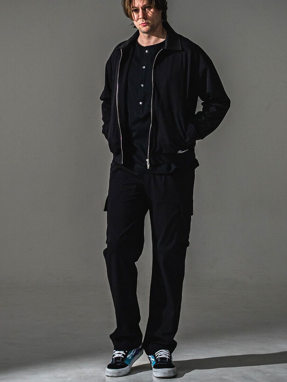RIB HENRY LONGSLEAVE (ブラック)  オーバーサイズ ヘンリーネック長袖Tシャツ