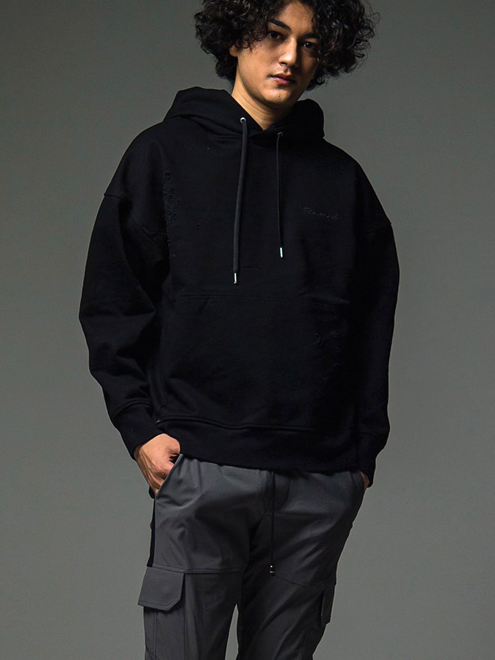 VINTAGE loose hoodie  (ブラック)  度詰め裏毛 クラッシュ加工 ヴィンテージルーズパーカー
