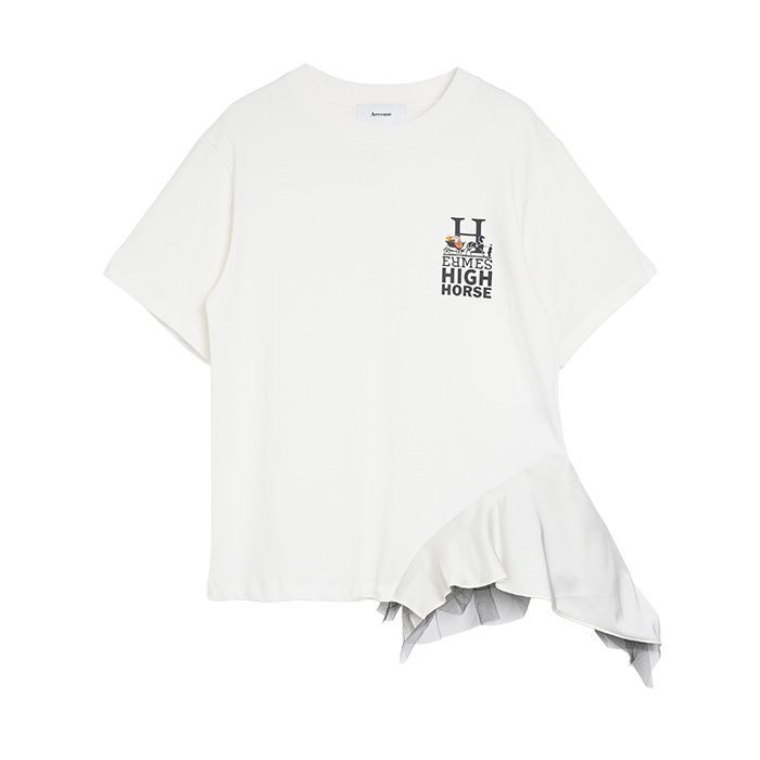 【MICALLE MICALLE Account】 HOMMAGE HIGH HORSE SCARF-HEM T-SHIRT  (ホワイト)  スカーフヘム フリル Tシャツ  MAD114TEB