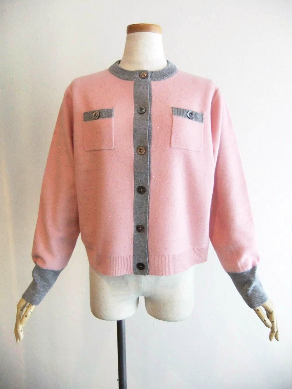 クレリック クルーネック ラメ入り ウール カーディガン  A147107M