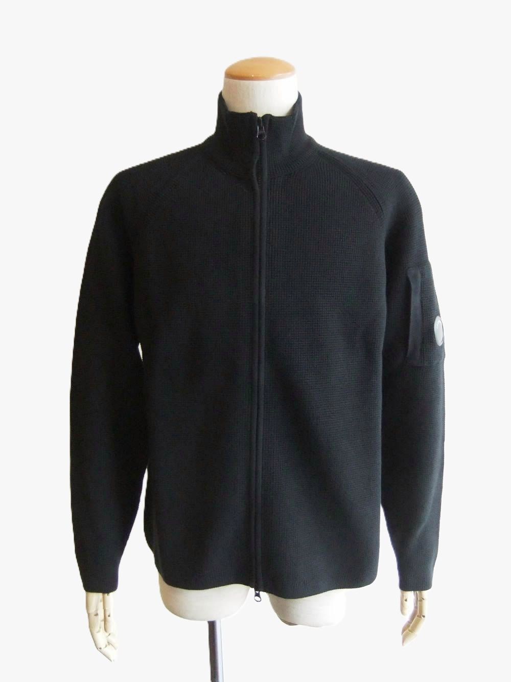 WAFFLE KNIT COTTON ZIP LENS CARDIGAN   (ブラック)   ジップ ニット ジャケット