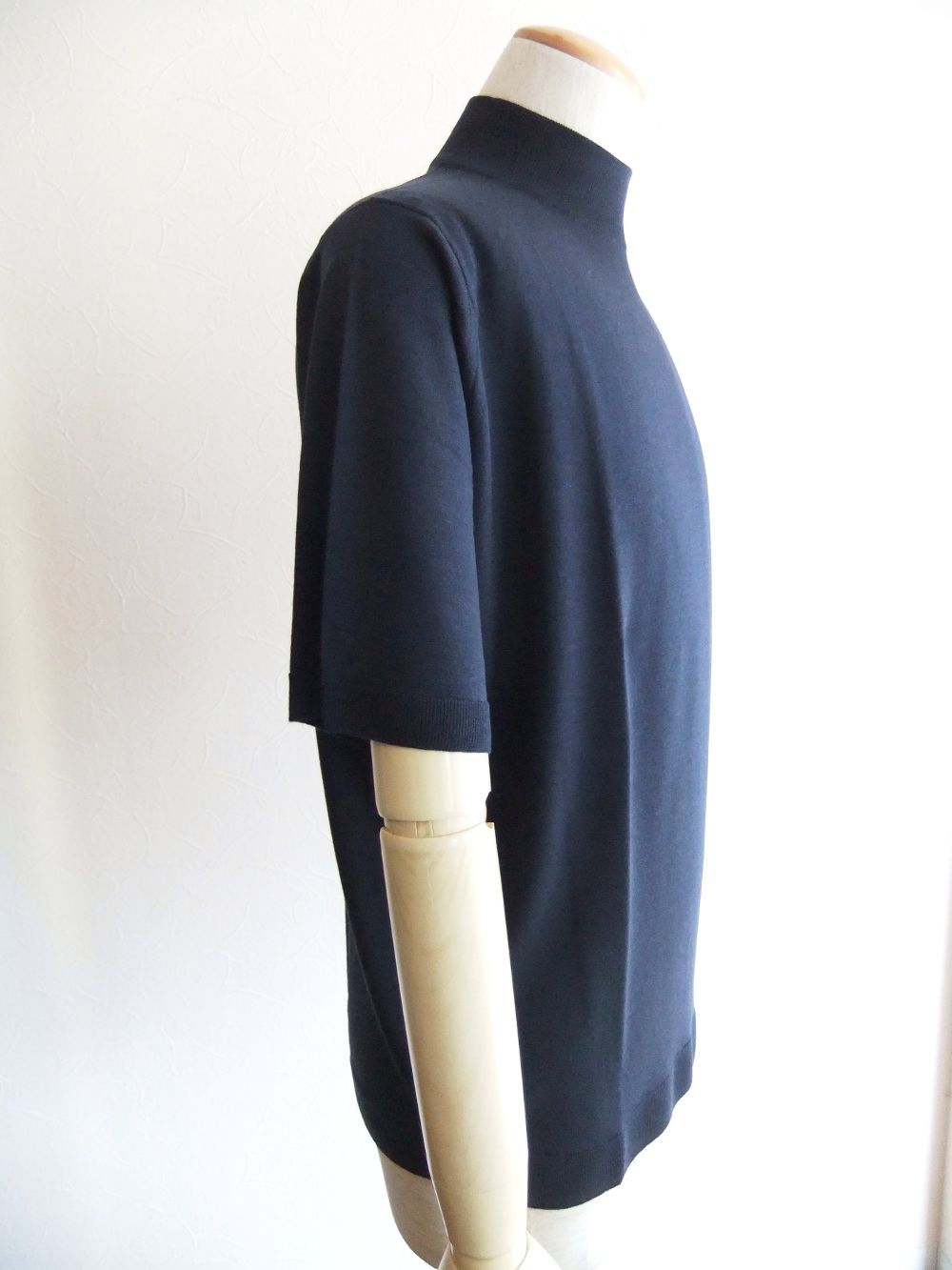 S4700  (ネイビー)  [Merino wool] Mock turtle neck Pullover  半袖モックネックニット