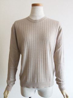 《LADIES》 A4602  30G コットン × ウール  クルーネック リブニット （ベージュ） (秋冬)