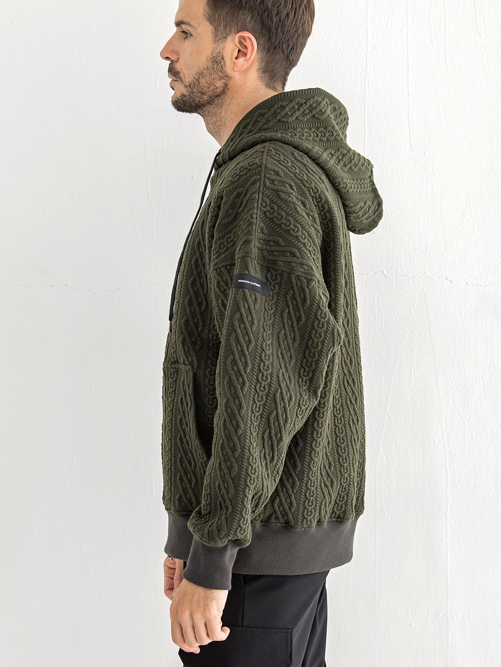 ROPE zip loose hoodie  (カーキ)  縄編みキルティングジップアップパーカー