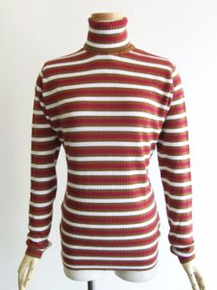 《LADIES》 ELSON  30G ウール タートルネック ボーダー リブセーター